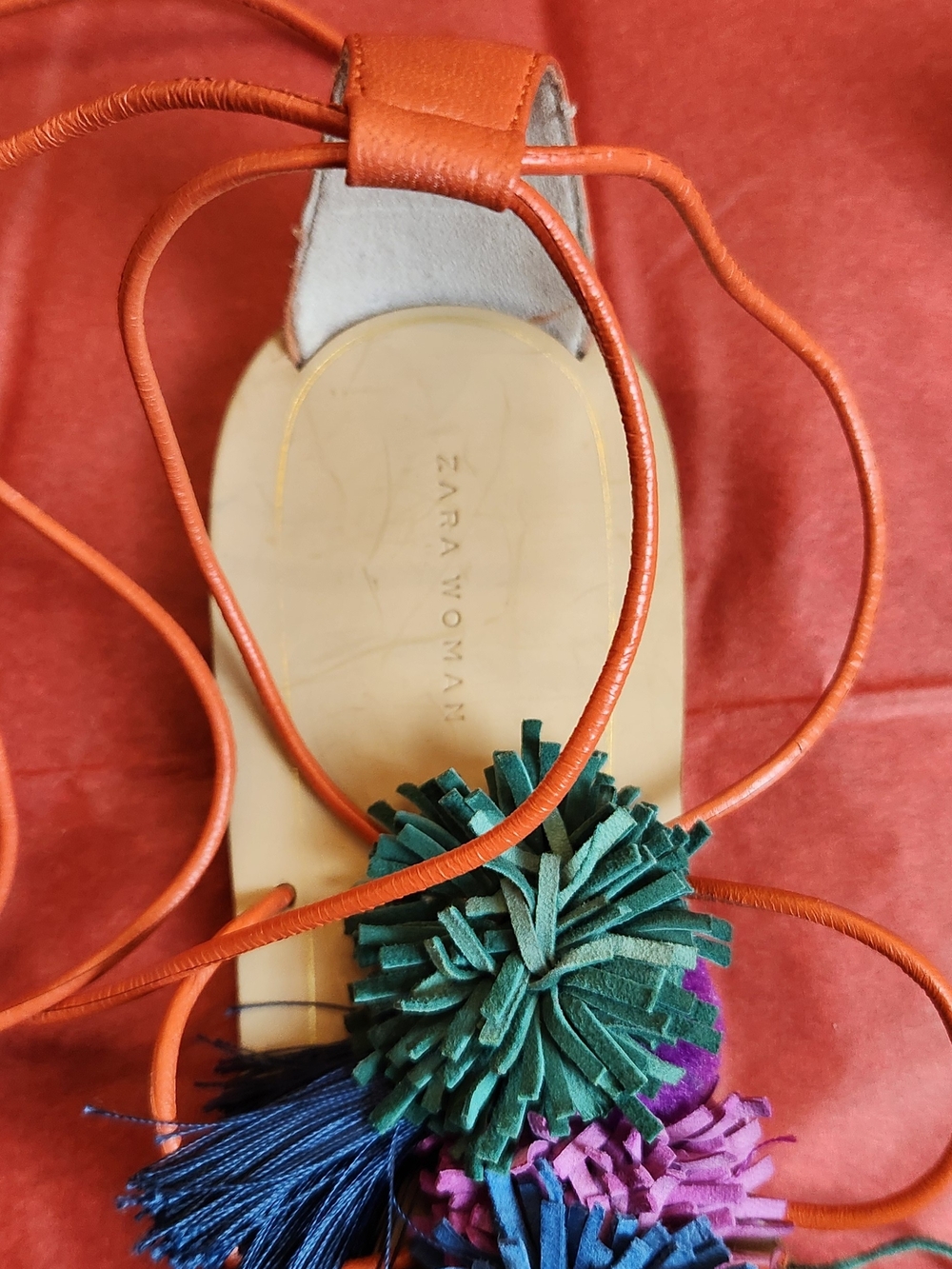 Zara Multicolor Pompom Tassel Lace-Up Women’s Sandals - Picture 3 of 9